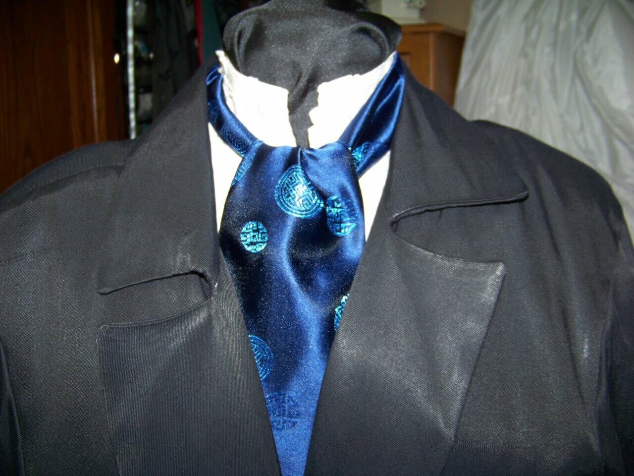 Ascot or Cravat Navy blue with Royal blue Chan print fabric 4&quot; x 44&quot; Men&#39;s Historical Wedding, cravat tie