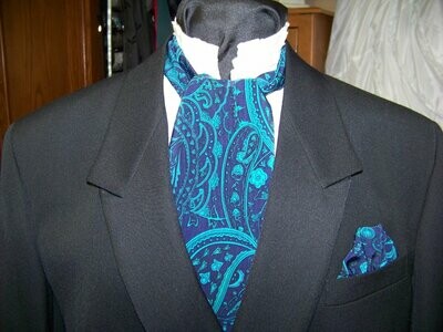 Ascot or Cravat 4" x 57" Men's Historical Tie and Pocket Square Teal Paisley with Black and Blue for Weddings, cravat tie Handmade in the USA