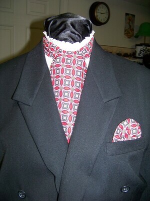 Ascot or Cravat Red,White and Black cotton print fabric 4" x 43" Men's Historical Wedding, cravat tie or pocket square puff