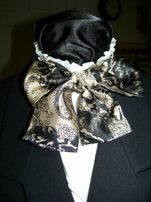 Child's Ascot or Cravat Bow Tie Black and Tan Paisley Silky print fabric 2.5" x 40" Men's Historical Bow Tie or Wedding, cravat tie