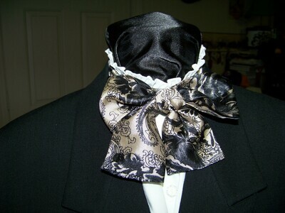 Child&#39;s Ascot or Cravat Bow Tie Black and Tan Paisley Silky print fabric 2.5&quot; x 40&quot; Men&#39;s Historical Bow Tie or Wedding, cravat tie