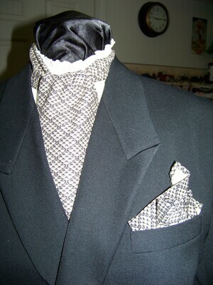 Men's Ascot necktie with 10" pocket square Black and Beige geometric print cotton fabric 4" x 42" Men's Historical Bow Tie or Wedding Tie