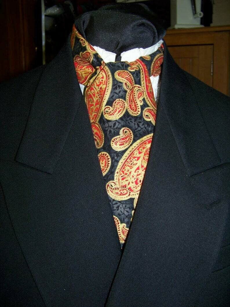 Ascot or Cravat Red, Black with Gold Floral Paisley cotton print fabric 4&quot; x 43&quot; Men&#39;s Historical Wedding, cravat tie and 10&quot; pocket square