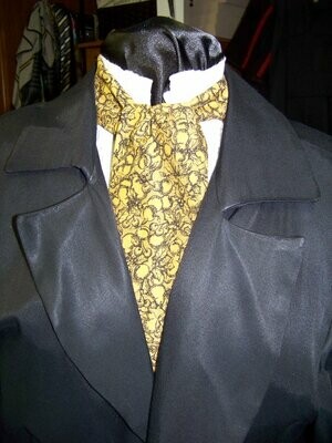Ascot or Cravat Harvest Gold and black floral cotton print fabric 4" x 42" Men's Historical Wedding, cravat tie SALE