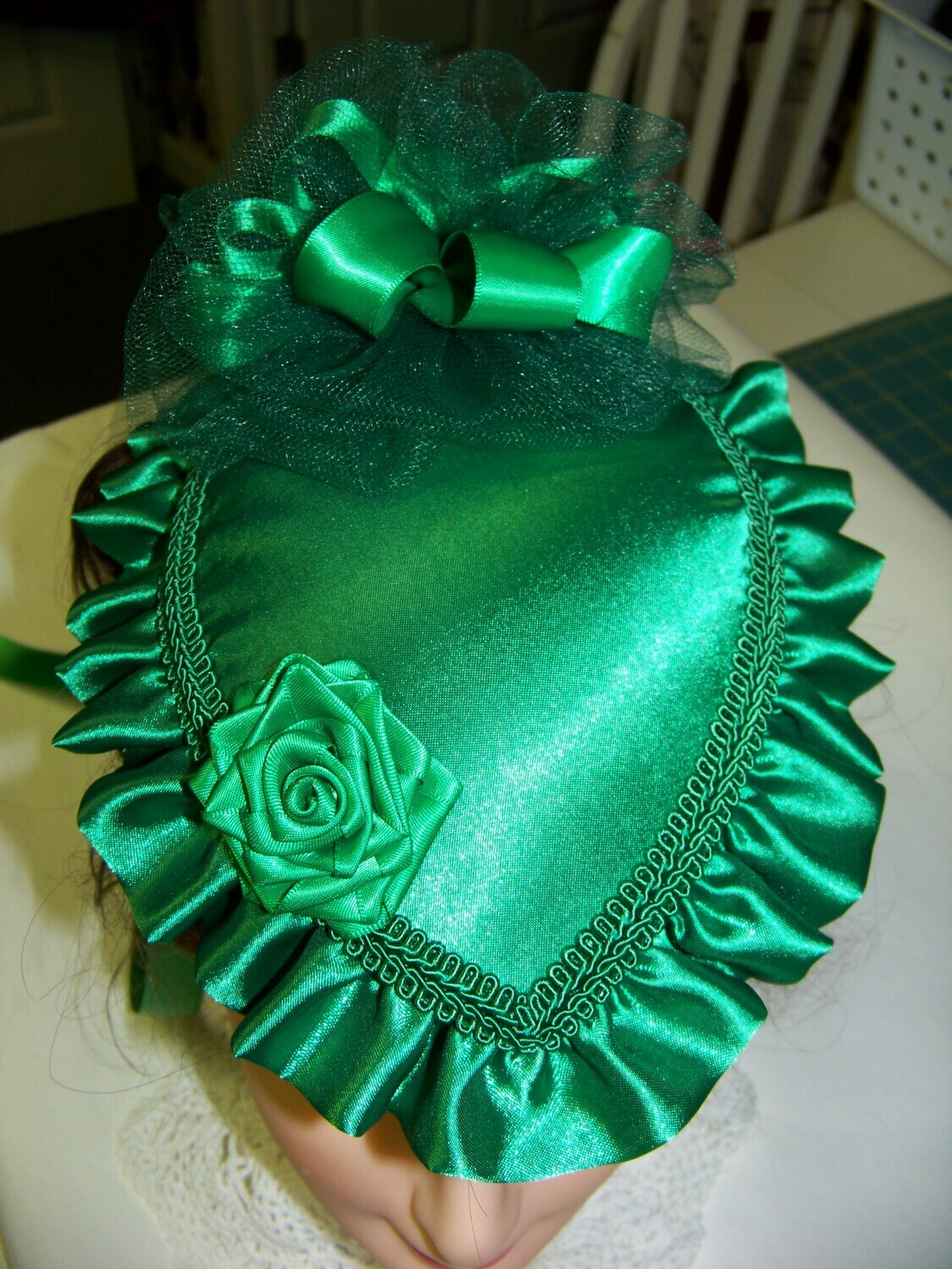 Ladies Civil War, Victorian Hat and Ridicule, Kelly Green  Satin Teardrop Hat with Satin Ruffle and Large Ribbon Rose
