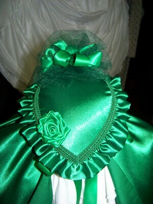 Ladies Civil War, Victorian Hat and Ridicule, Kelly Green  Satin Teardrop Hat with Satin Ruffle and Large Ribbon Rose