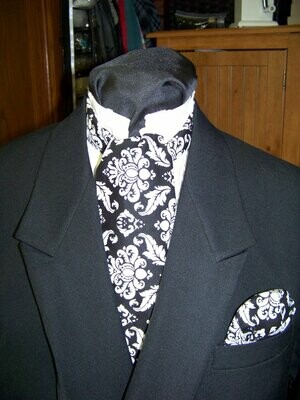 Ascot or Cravat White and Black Damask cotton print fabric 4" x 45"  Men's Historical Wedding, cravat tie or Pocket Square