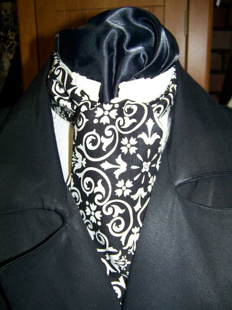 Ascot or Cravat White and Black Damask cotton print fabric 4&quot; x 45&quot;  Men&#39;s Historical Wedding, cravat tie or Pocket Square