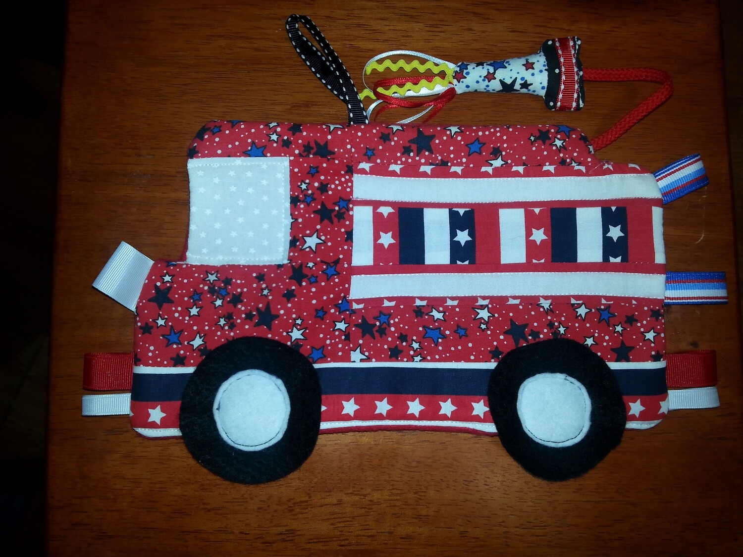 DIY Toy Fire Truck Patchwork Crinkle Toy with ribbons pdf sewing pattern with Instant Download e-file Quilt toy