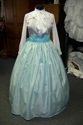 Civil War Skirt, Victorian costume Long drawstring SKIRT and Sash Aqua Green and white checked Taffeta with matching sash Handmade in the USA