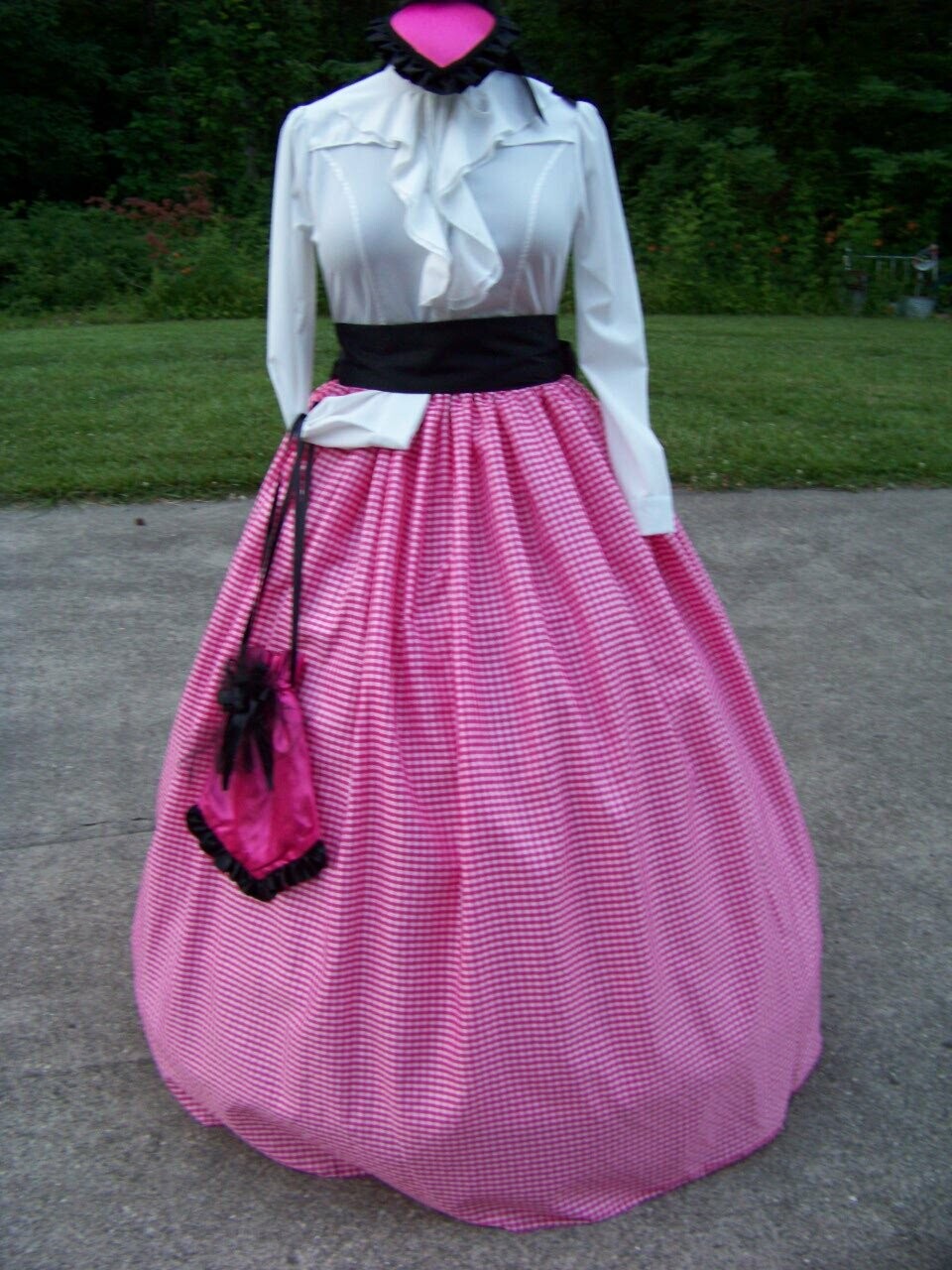 Civil War Skirt, Victorian costume Long drawstring SKIRT and Sash Pink and white checked Taffeta with matching sash Handmade in the USA