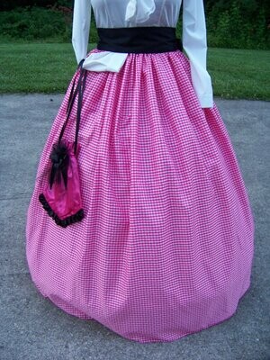 Civil War Skirt, Victorian costume Long drawstring SKIRT and Sash Pink and white checked Taffeta with matching sash Handmade in the USA