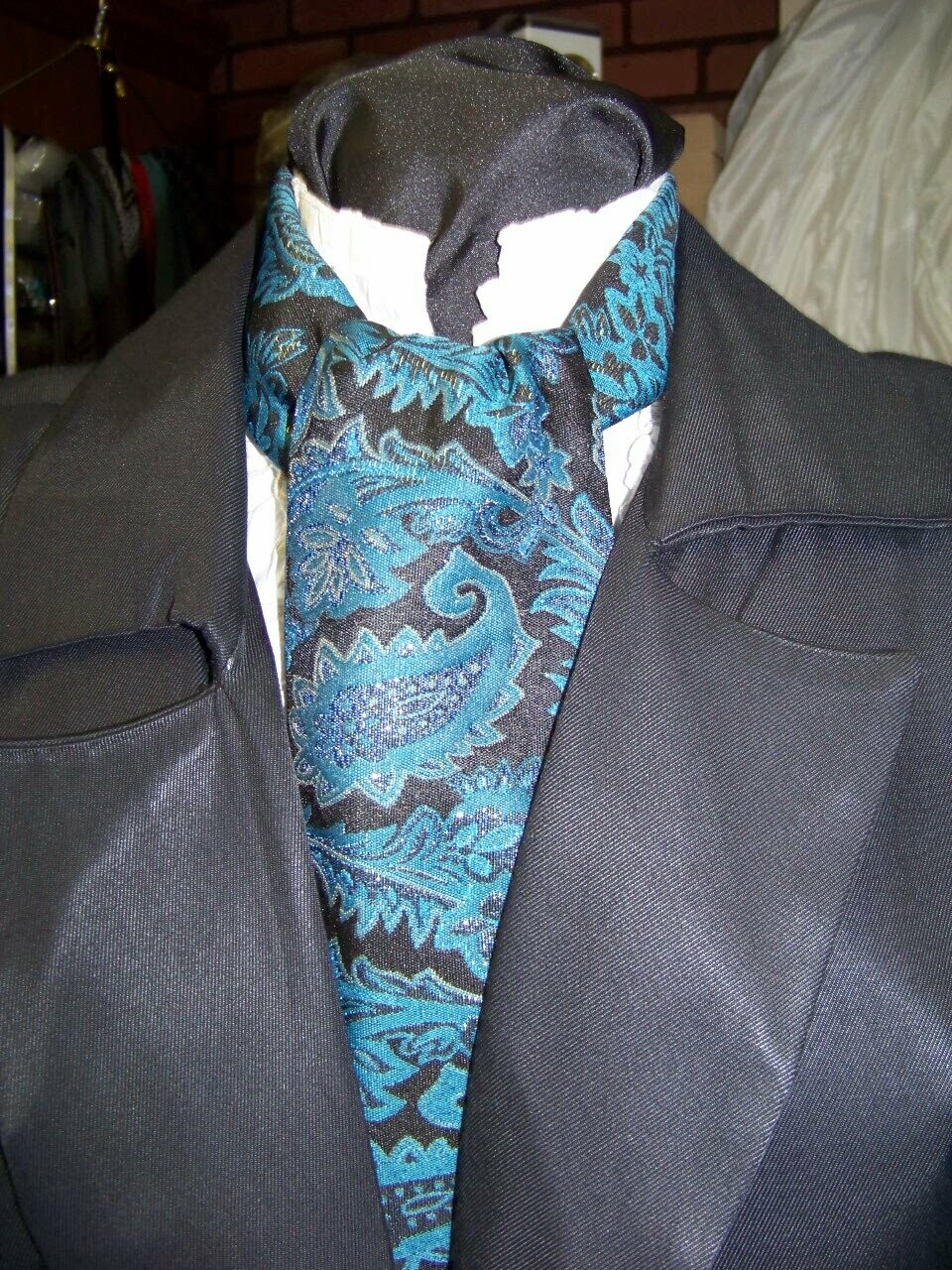 Ascot or Cravat Black, Teal, Metallic Gold Floral Paisley Brocade print fabric 4&quot; x 56&quot; Men&#39;s Historical Wedding, cravat tie