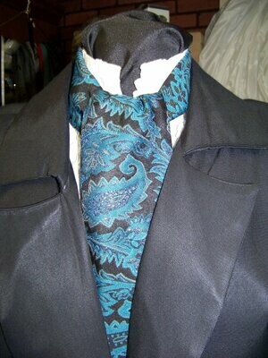 Ascot or Cravat Black, Teal, Metallic Gold Floral Paisley Brocade print fabric 4&quot; x 56&quot; Men&#39;s Historical Wedding, cravat tie