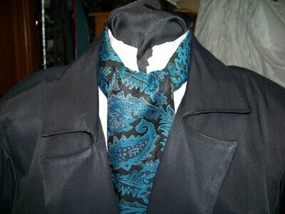 Ascot or Cravat Black, Teal, Metallic Gold Floral Paisley Brocade print fabric 4" x 56" Men's Historical Wedding, cravat tie
