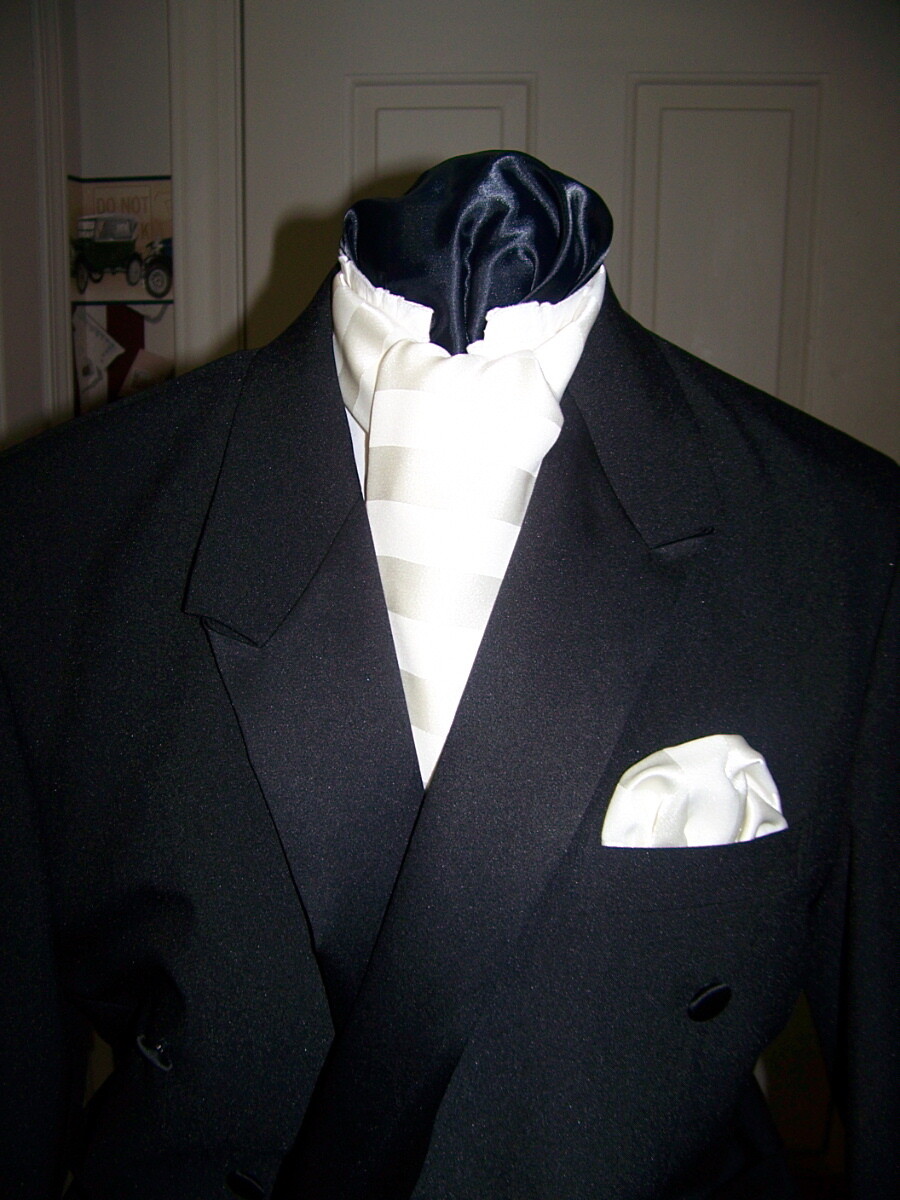 Ascot or Cravat Creamy Ivory Stripe fabric 4&quot; x 48&quot; Men&#39;s Historical Bow Tie for Wedding, with pocket puff
