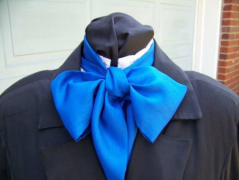 Ascot or Cravat with pocket square puff Royal Blue Mat Satin with Ridges fabric 4&quot; x 58&quot; Men&#39;s Historical Bow Tie or Wedding, cravat tie