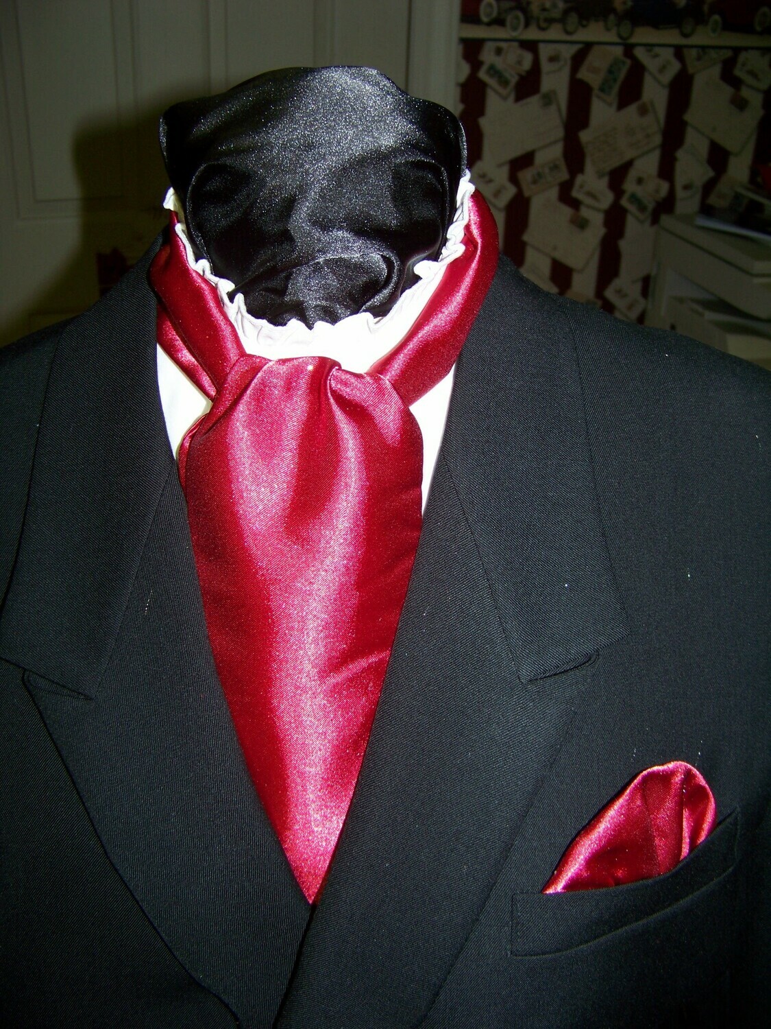 Ascot or Cravat Red Satin with red glitter fabric 4&quot; x 58&quot; Men&#39;s Historical Bow Tie or Wedding, cravat mans necktie or pocket square puff.