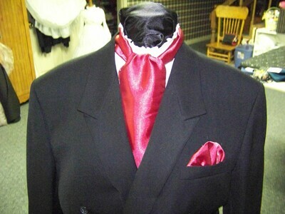 Ascot or Cravat Red Satin with red glitter fabric 4" x 58" Men's Historical Bow Tie or Wedding, cravat mans necktie or pocket square puff.