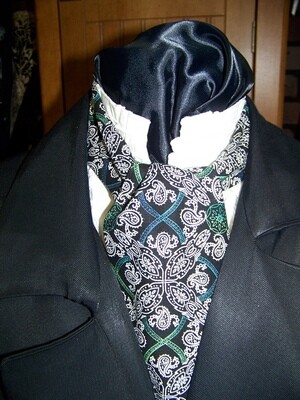 Victorian Wedding Men's Ascot White/Black Floral Paisley with touch of Green and Teal cotton print fabric 4" x 43" Historical Wedding