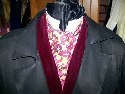 Ascot or Cravat Burgundy, coral, gold leaf pattern cotton print fabric 4&quot; x 43&quot; Men&#39;s Historical Wedding, cravat tie