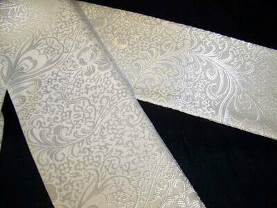 Men's Wedding Tie and Pocket Puff Square, Ascot or Cravat White on white peacock feather print Brocade fabric 4" x 57" Historical Wedding