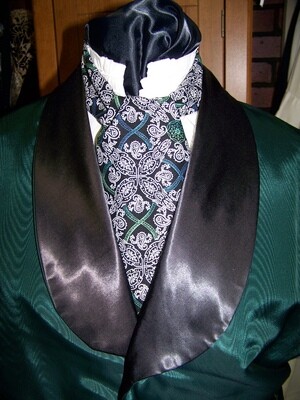 Victorian Wedding Men&#39;s Ascot White/Black Floral Paisley with touch of Green and Teal cotton print fabric 4&quot; x 43&quot; Historical Wedding