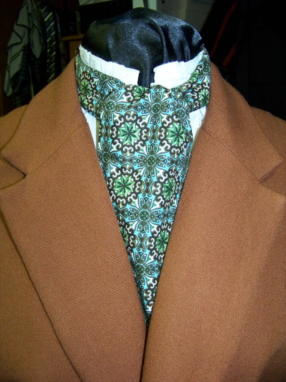 Ascot or Cravat Green, Brown and Teal medallion cotton print fabric 4&quot; x 42&quot; Men&#39;s Historical Wedding,Civil War Ball with 10&quot; pocket square