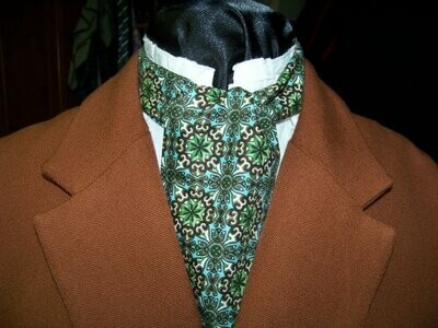 Ascot or Cravat Green, Brown and Teal medallion cotton print fabric 4" x 42" Men's Historical Wedding,Civil War Ball with 10" pocket square