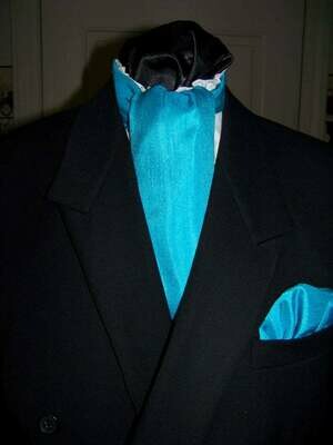 Ascot or Cravat with pocket square puff Aqua Blue or Teal Matt DuPont Satin with Ridges fabric 4" x 56" Men's Historical Bow Tie or Necktie