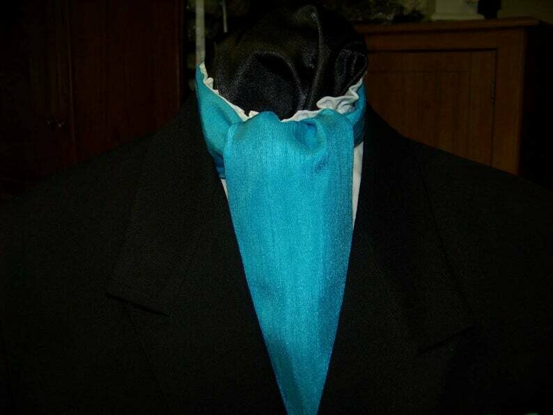 Ascot or Cravat with pocket square puff Aqua Blue or Teal Matt DuPont Satin with Ridges fabric 4&quot; x 56&quot; Men&#39;s Historical Bow Tie or Necktie