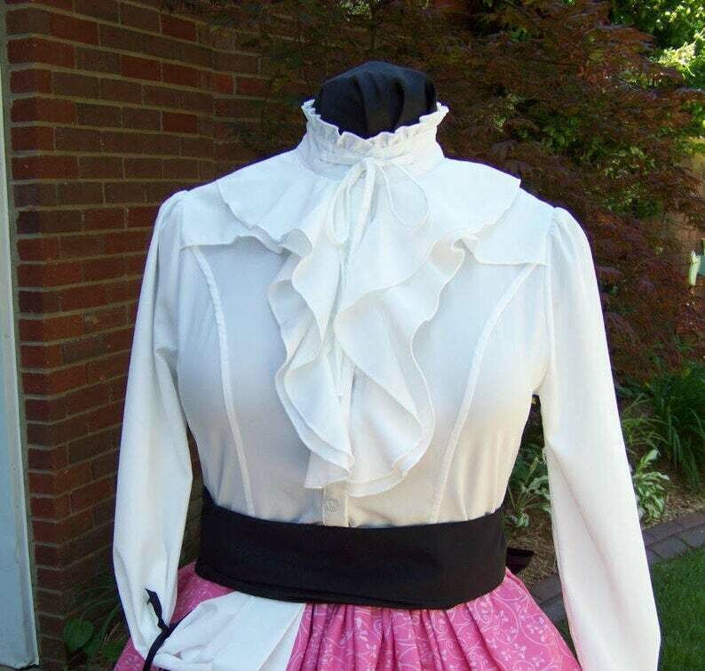 Civil War style ladies blouse Eggshell White cotton blend with ruffles in the front and around the neck