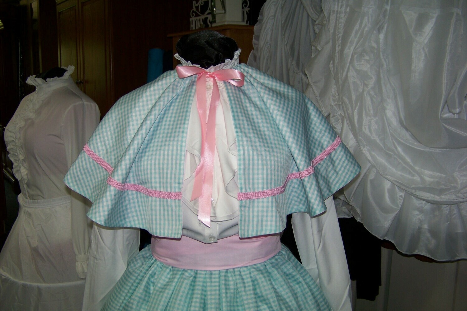 Civil War Skirt,Victorian,costume Long drawstring SKIRT and Sash Aqua Green and white checked Taffeta with Pink sash Handmade in the USA