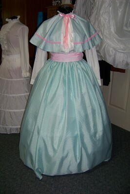 Civil War Skirt,Victorian,costume Long drawstring SKIRT and Sash Aqua Green and white checked Taffeta with Pink sash Handmade in the USA