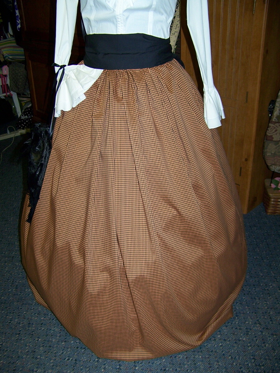 Civil War Skirt,Victorian,costume Long drawstring SKIRT and Sash Black and Orange checked gingham ploy cotton with black sash Handmade in the USA
