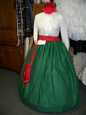 Ladies Caroler Dickens Dress,Civil War costume Long drawstring SKIRT,Cape,Sash Green Solid cotton