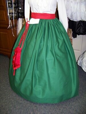 Ladies Caroler Dickens Dress,Civil War costume Long drawstring SKIRT,Cape,Sash Green Solid cotton