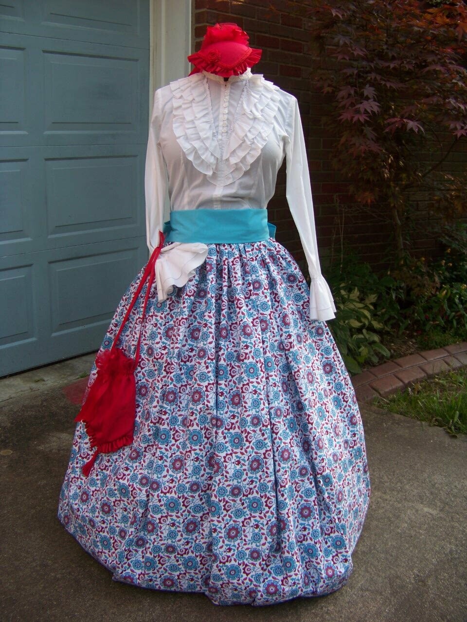 Ladies Dickens Civil War costume Long drawstring SKIRT sash one size fits most Solid Broadcloth red blue and teal floral print with blue sash