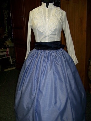 Civil War Skirt Victorian costume Long drawstring SKIRT Blue and white checked Taffeta