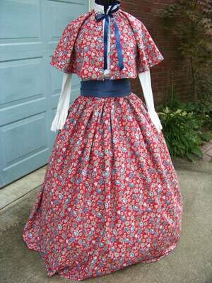 Ladies Dickens Outfit Civil War costume Long drawstring SKIRT Cape Sash one size fits most Blue and red Floral cotton print