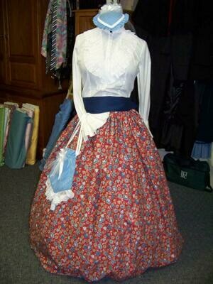 Ladies Dickens Outfit Civil War costume Long drawstring SKIRT Cape Sash one size fits most Blue and red Floral cotton print