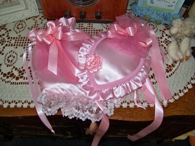 Ladies Civil War, Victorian Hat and Reticule Pink Satin Teardrop Hat with Satin Ruffle and Large Ribbon Rose