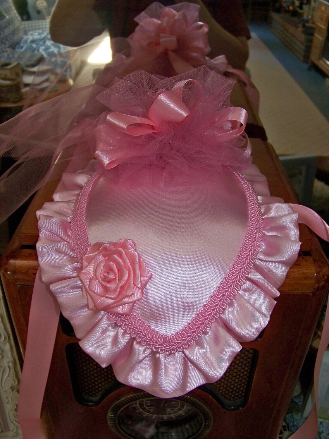 Ladies Civil War, Victorian Hat and Reticule Pink Satin Teardrop Hat with Satin Ruffle and Large Ribbon Rose