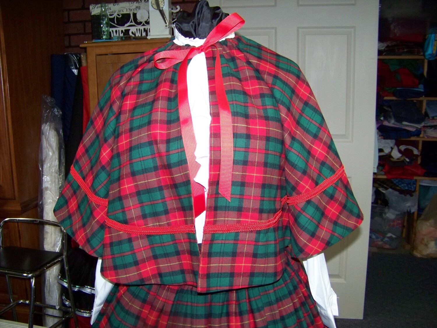 Mrs. Claus Plus Size costume, Ladies Caroler Dickens long Drawstring SKIRT and cape made from flannel Red, green and black Christmas plaid with red braid,red Sash and red cape lining cotton blend.