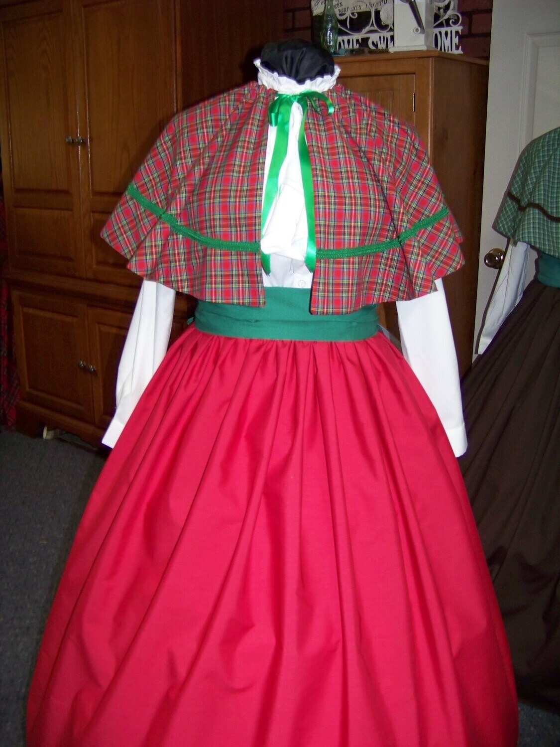 Dickens Civil War Ladies 3 piece outfit  one size fit all Red, Black, Green, Blue, Yellow and white plaid cape cotton homespun. Red solid skirt with green sash all handmade.