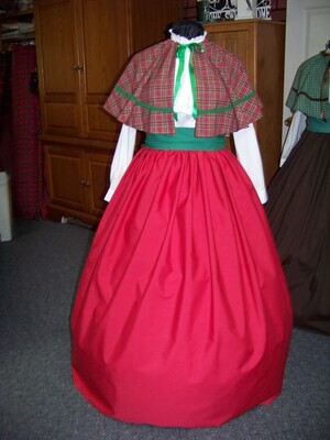 Dickens Civil War Ladies 3 piece outfit  one size fit all Red, Black, Green, Blue, Yellow and white plaid cape cotton homespun. Red solid skirt with green sash all handmade.