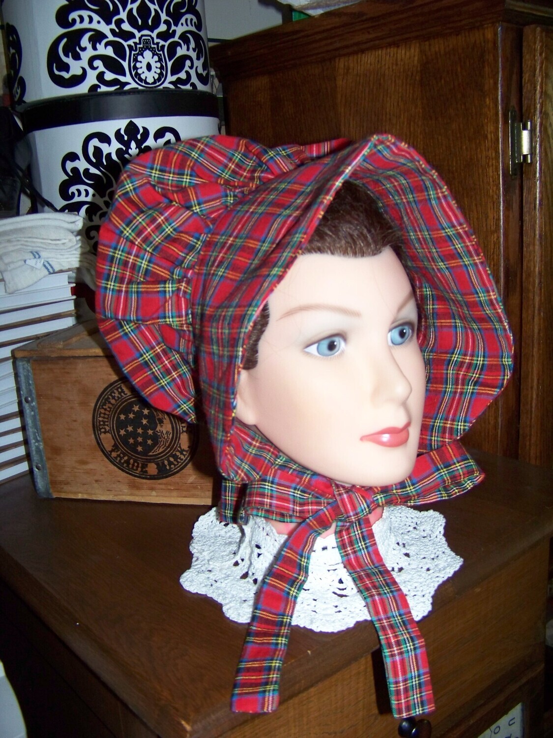 Dicken&#39;s Christmas Ladies Adult Bonnet in Red, Black, Green, Blue, Yellow and white plaid cotton homespun fabric, Adult Costume, comes in several colors.