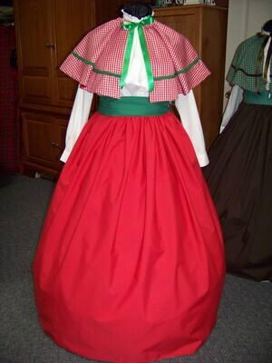 Mrs. Claus or Christmas Caroler costume long red drawstring SKIRT with red and white gingham cotton cape with green braid trim and green cotton sash one size fits most. Handmade in the USA