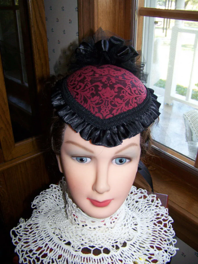 Ladies Civil War, Victorian Hat and matching Reticule Red Demask print and Black Brocade Satin Teardrop Hat with Satin Ruffle. Made in the USA