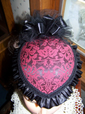 Ladies Civil War, Victorian Hat and matching Reticule Red Demask print and Black Brocade Satin Teardrop Hat with Satin Ruffle. Made in the USA